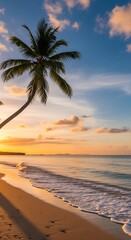 Fototapeta premium Tropical Beach Sunset - Palm Tree Silhouette at Dusk.