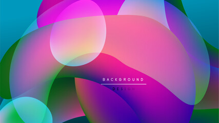 Abstract colorful shapes overlap, creating vibrant gradients. Dark background enhances luminosity, modern design element.