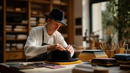 A skilled milliner shaping a felt hat on a wooden block in a bright artisan workshop, surrounded by sewing tools, ribbons, and fabrics, symbolizing craftsmanship, handmade fashion, creativity, - Powered by Adobe