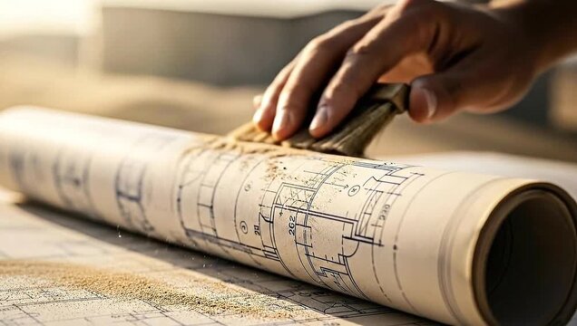 A hand uses a brush on rolled blue architectural plans, dusted with specks of sand