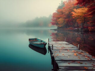 Fototapeta premium Tranquil landscape of a fog-covered lake with a weathered wooden pier and moored rowboat. Calm teal water reflects golden-red autumn trees—peaceful, cinematic mood.