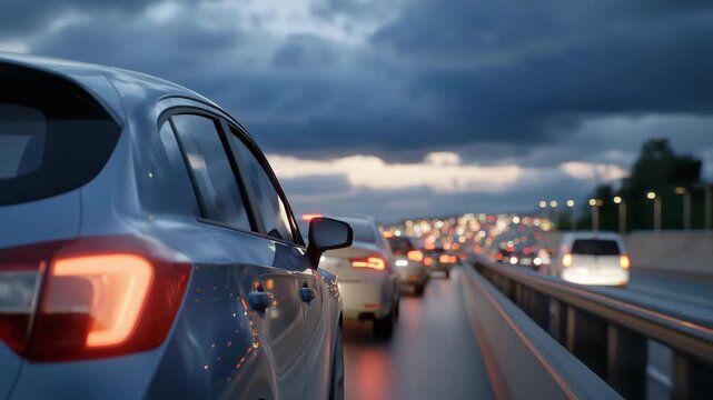 A view from inside a car showing a long queue of brake lights under cloudy weather, symbolizing delay, stress, infrastructure pressure, and the universal experience of modern road congestion after