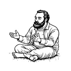 Illustration of bearded man sitting barefoot meditating outdoors with open hands imparting wisdom