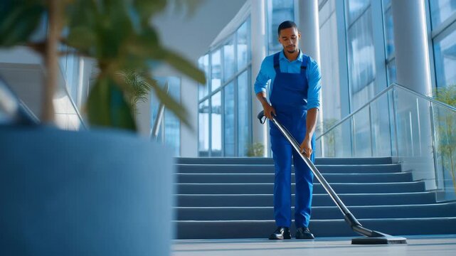 A janitorial worker vacuuming carpeted stairs in a large commercial building, symbolizing precision, reliability, workplace safety, and professional commitment to maintaining a clean and welcoming