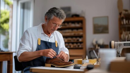 A skilled cobbler in a traditional workshop carefully stitching a leather shoe by hand, surrounded by tools, glue, and sewing machines, symbolizing craftsmanship, heritage, attention to detail, and