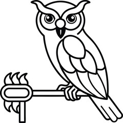 Owl Perched on Key Line Art Illustration