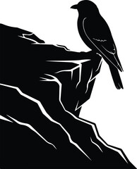 Vector silhouette raven perched on a rock formation illustration