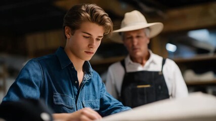 A young apprentice learning hat tailoring techniques from an experienced milliner, representing mentorship, education, skill development, tradition, and the transmission of craftsmanship in