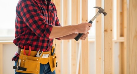 Dedicated Builder in Plaid Shirt with Hammer and Tool Belt on Bright Wood Framed Construction Site