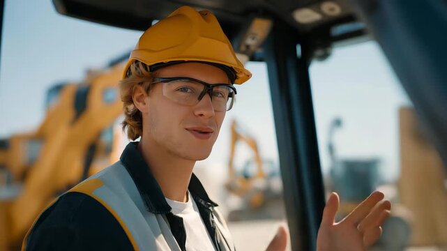 A young apprentice learning to operate construction equipment under supervision, representing education, mentorship, skill development, and the integration of safety culture into professional