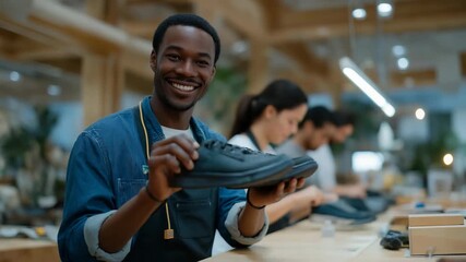 A diverse team of shoemakers repairing footwear in a bright, modern workshop, highlighting teamwork, professionalism, sustainability, innovation, and the revival of traditional repair services in a