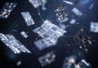 Precision engineered circuit boards floating in zero gravity showcase modern technology, perfect for innovation, and technological advancements in the industry