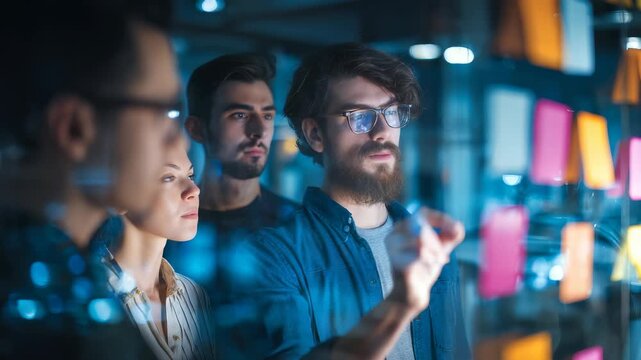 A group of young professionals collaborates in a modern office, brainstorming ideas using colorful sticky notes on a transparent board. Teamwork and innovation drive their creative process