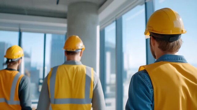 A diverse team of architects and construction workers inspecting a large empty commercial space before office renovation begins, symbolizing teamwork, planning, modern architecture, and the