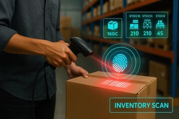 Inventory management action barcode scanning process in warehouse environment focused on stock control and efficiency