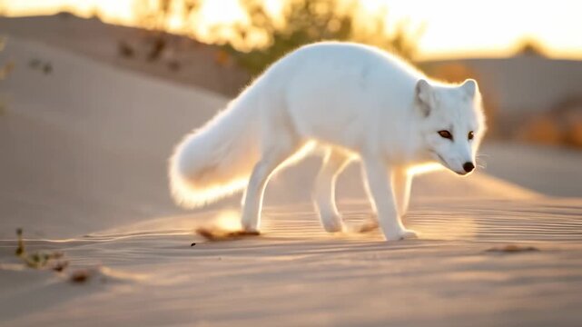 Majestic Arctic Fox Walking Gracefully Across Sandy Dunes at Golden Hour.