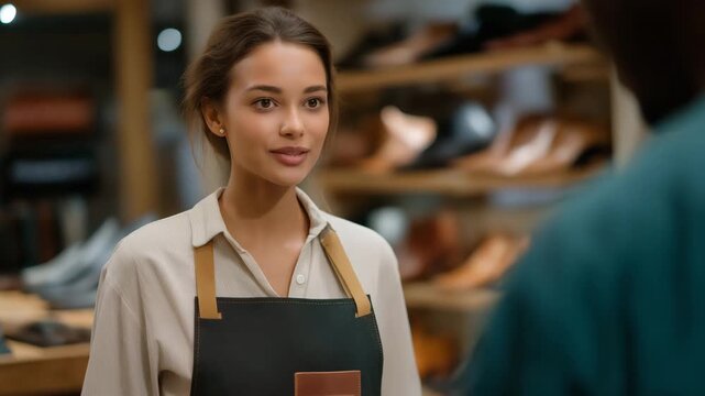 A smiling small business owner assisting a customer in a cozy shoe repair shop filled with leather materials and wooden tools, symbolizing personal service, trust, entrepreneurship, customer