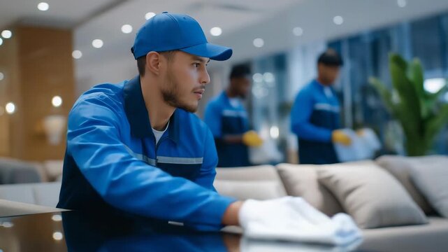 A team of cleaners and maintenance staff performing final touch-ups after renovation, preparing the interior for furniture installation, representing quality assurance, teamwork, workplace hygiene,