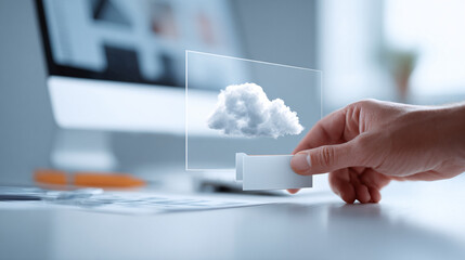 Hand holding a cloud inside a transparent frame over a desk with tech. Illustrates cloud computing, data storage, innovation, and futuristic technology concepts.