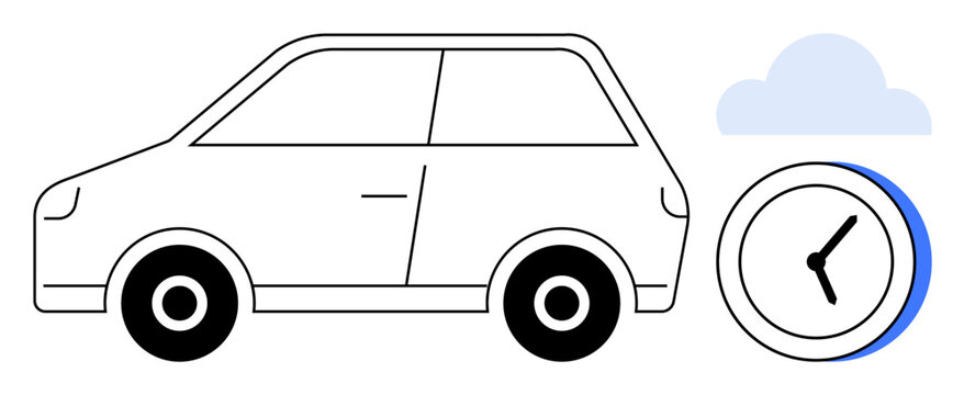 Minimalist car design beside clock and cloud emphasizing scheduling, eco-friendly travel, innovation, punctuality. Ideal for time, transportation industry, car rental, urban planning, sustainable