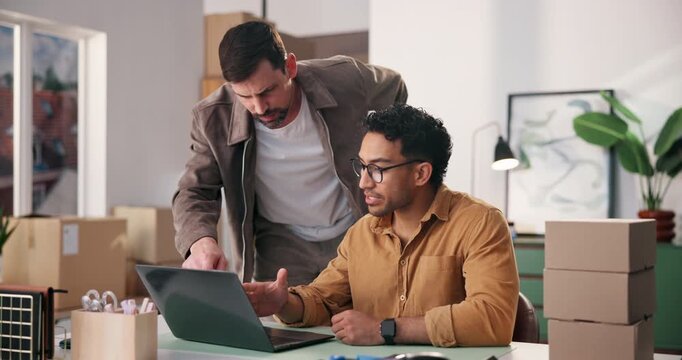 Shipping, small business and men on laptop for discussion, inventory check or distribution. Computer, office and team planning ecommerce schedule, point and logistics of stock procurement for sales