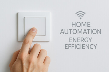 Fototapeta premium Finger pressing smart light switch symbolizing home automation and energy efficiency in modern smart homes