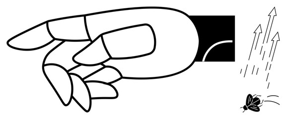Robotic hand releasing an insect towards upward arrows, symbolizing advancement, freedom, and innovation. Ideal for themes of technology, robotics, progress, freedom, ideas solutions and metaphors