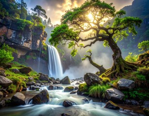 A beautiful natural landscape of a waterfall cascade flowing down mossy rocks in a green forest