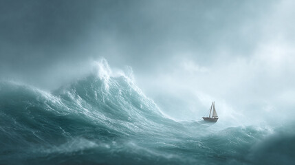 A sailboat braves towering waves in a stormy sea. The image conveys resilience, challenge, and the power of nature, suitable for motivational or adventure concepts.
