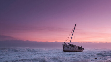 A stranded, weathered boat rests on a turbulent shore under a serene pink and purple dawn. Evokes themes of solitude, resilience, and the passage of time. Ideal for backgrounds.