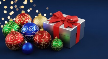 Elegant Christmas Still Life: Glittery Baubles and a Silver Gift on a Blue Bokeh Backdrop