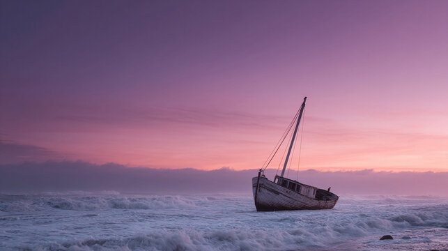 A stranded, weathered boat rests on a turbulent shore under a serene pink and purple dawn. Evokes themes of solitude, resilience, and the passage of time. Ideal for backgrounds.