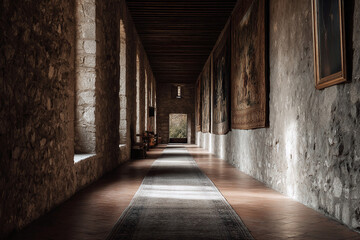 Fototapeta premium Atmospheric view of a long, stone hallway with tapestries light streaming through arched windows. Evokes history, mystery, elegance. Suitable for travel, design, or historical themes.