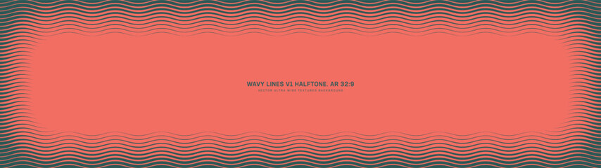 Wavy lines halftone pattern vignette frame ultra wide 32:9 aspect ratio red green vector classy abstract background. Striped rippled structure half tone ultrawide format guilloche style rounded border