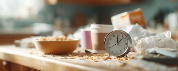 Late breakfast. Messy countertop with cereal, clock, and coffee. A visual metaphor for rushed mornings, busy lifestyles, or procrastination. Perfect for time management concepts.