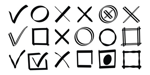 Hand-drawn checkmarks, crosses, circles, and squares set, sketch UI selection icons for forms and feedback.