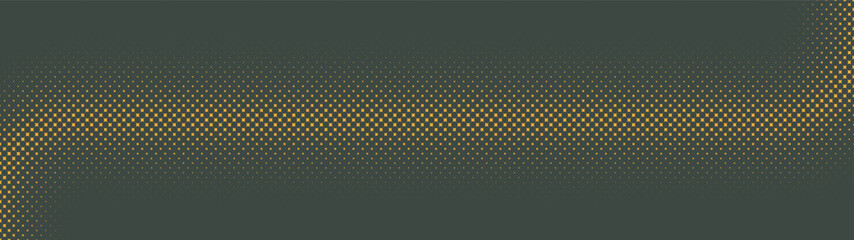 Circular halftone pattern curved border ultra wide 32:9 aspect ratio yellow green vector retro styled conceptual abstract background. Offset half tone ultrawide format retro futuristic technology