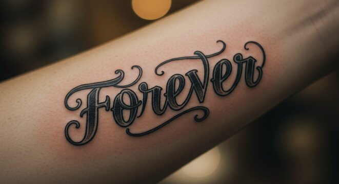 Close up view of tattoo with script forever on arm
