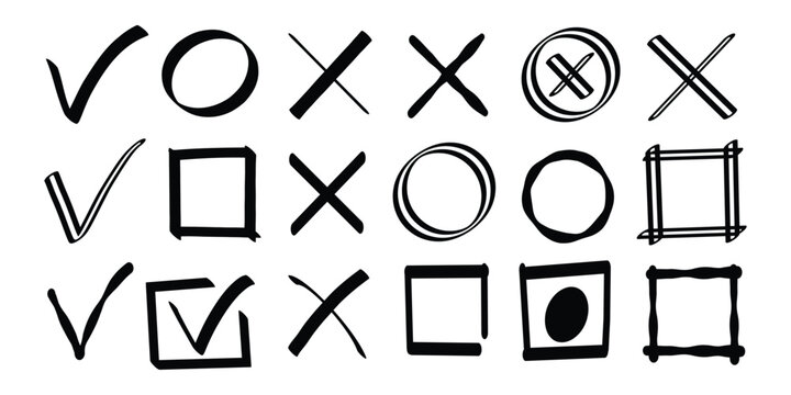 Hand-drawn checkmarks, crosses, circles, and squares set, sketch UI selection icons for forms and feedback.