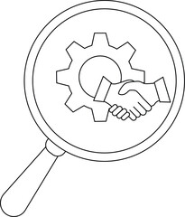 A magnifying glass shows a handshake in front of a gear