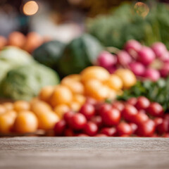 Vibrant, blurred produce on wood offers a rustic, natural feel. Perfect for health, wellness, or foodrelated designs. Use for backgrounds, menus, and marketing.