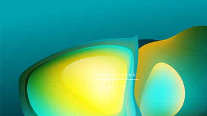 Abstract fluid shapes, vibrant colors blend. Yellow, turquoise, orange gradients create dynamic background design. Modern, smooth aesthetic.