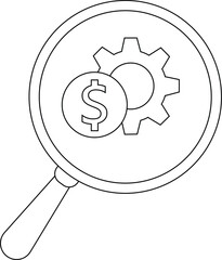 Magnifying glass showing a dollar sign overlapping a gear