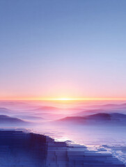 Fototapeta premium Serene, stylized landscape with misty mountains and a vibrant sunset. Abstract, dreamy, and atmospheric. Ideal for backgrounds, websites, and inspirational designs.