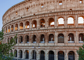 Obraz premium the Colosseum at sunset framed by tree branches
