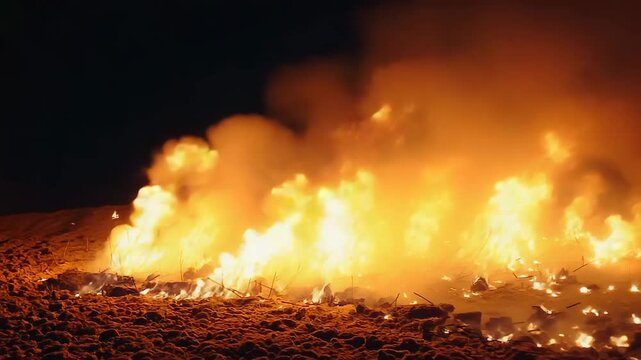 Intense Wildfire Burning at Night with Thick Orange Smoke and Bright Flames. Abstract background of destruction, heat, and danger.