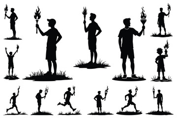 Silhouettes of people holding torches and running fire
