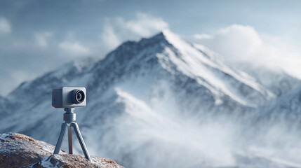 Action camera on a tripod, set against a majestic, snowcovered mountain backdrop. Captures adventure, exploration, and technology, perfect for travel or product marketing content.