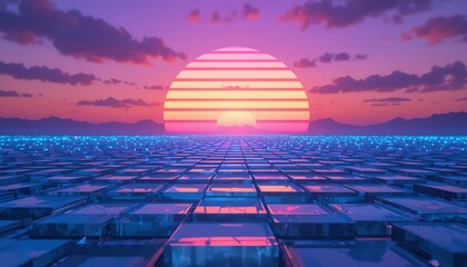 Abstract vaporwave sunset over futuristic landscape with grid and digital surface