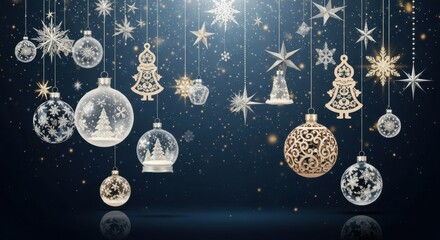 Festive Christmas Ornaments and Snowflakes Hanging Against Dark Blue Background